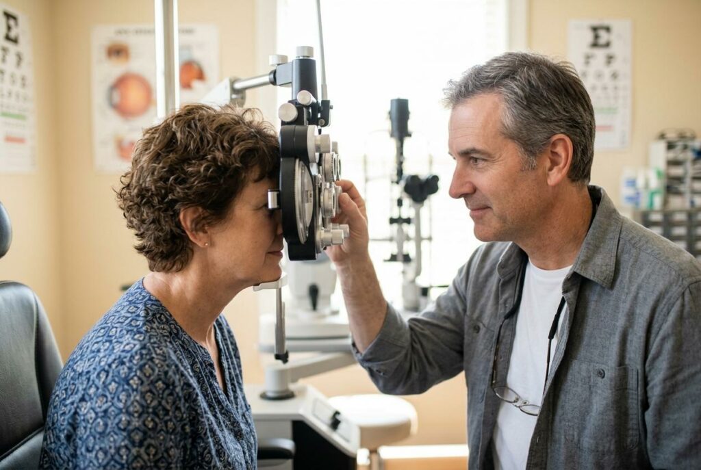 Optometrist adjusting a slit lamp to examine a seated woman's eye in an eye exam room.