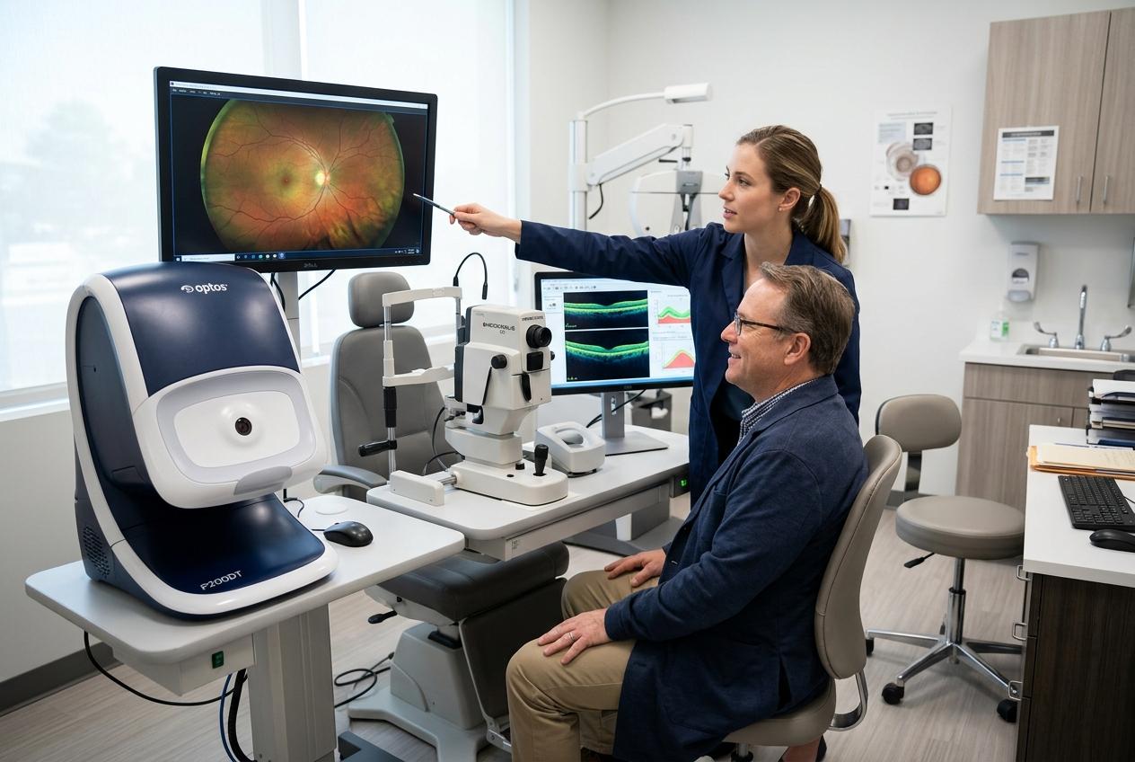 Optometrist points to a retinal scan on a monitor while a smiling male patient looks on in an eye exam room.