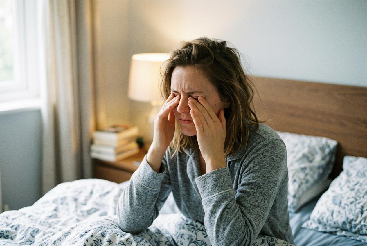Woman sitting on a bed, pressing both hands to her eyes with a pained expression, in a bedroom with a lamp and nightstand behind her.