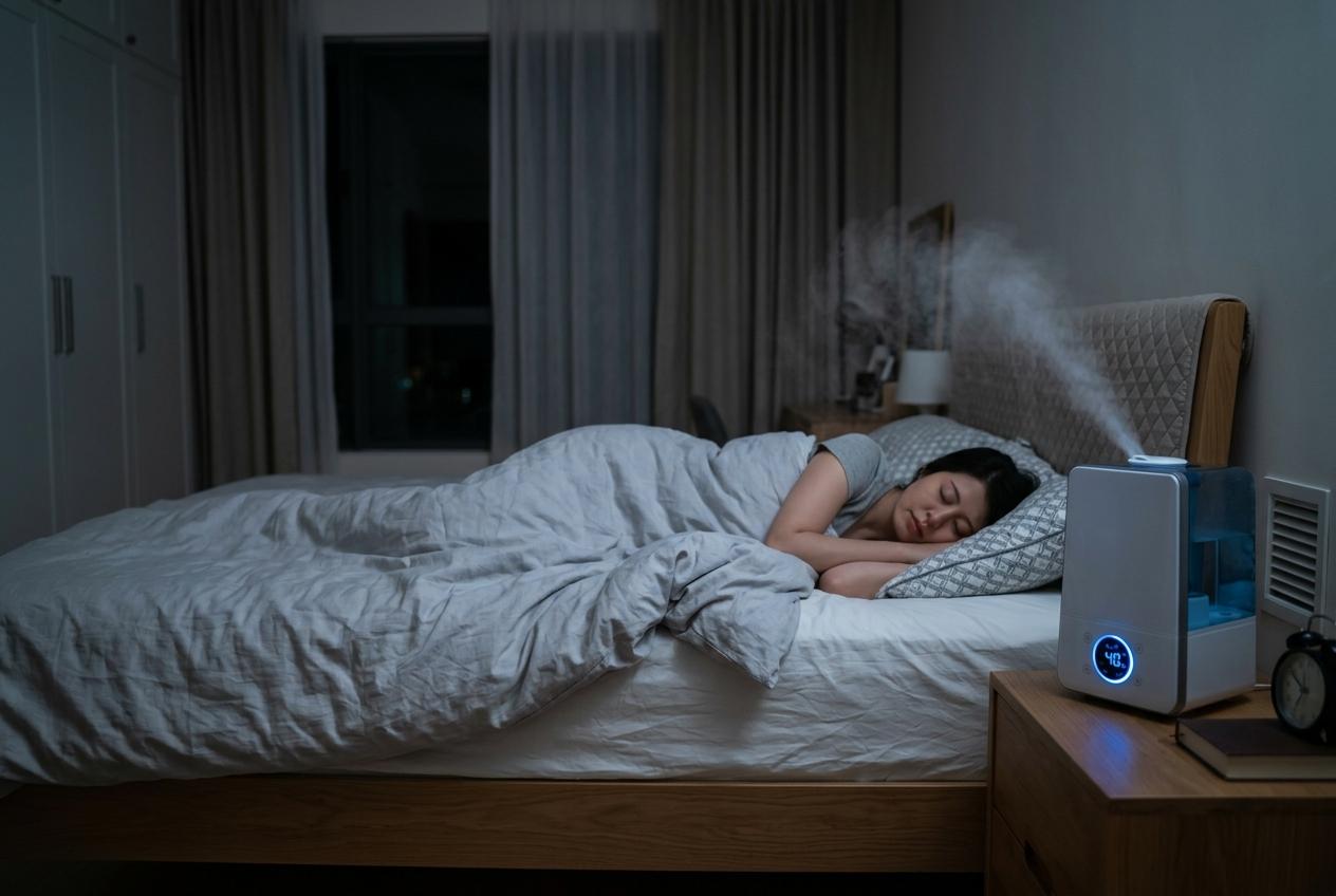 Woman sleeping in bed at night with a humidifier on the bedside table emitting mist nearby.