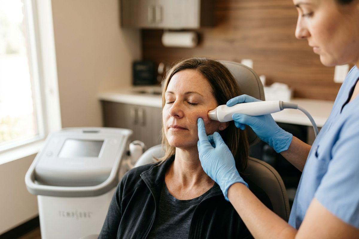 Clinician in gloves uses a handheld device on the cheek of a person reclining with eyes closed in a treatment chair.