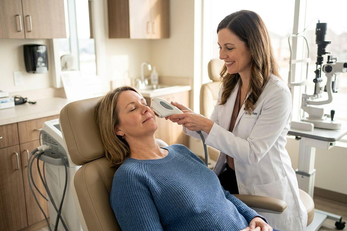 Optometrist holding a handheld device near the closed eye of a patient reclining in an exam chair.