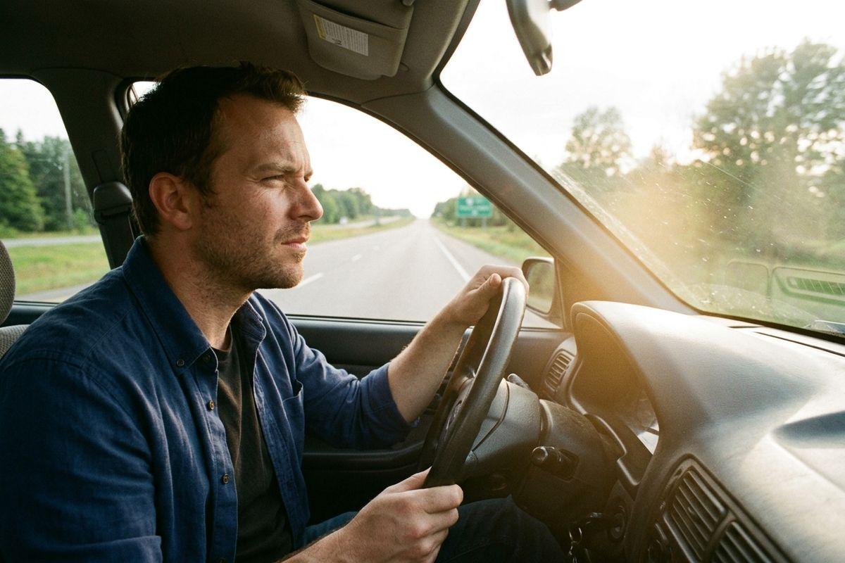 Person in a blue shirt driving on a highway, squinting at bright sunlight coming through the windshield.