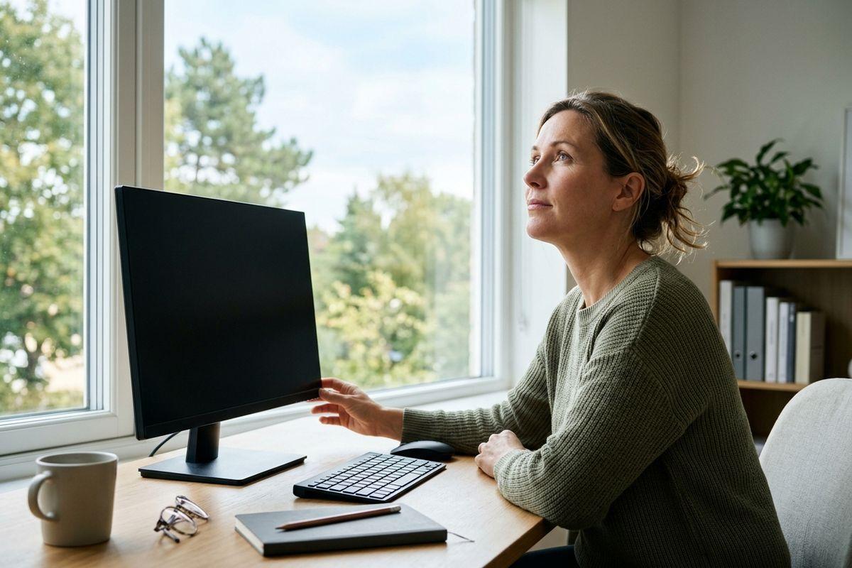 Adult in a green sweater sits at a desk with a blank monitor and keyboard, looking out a window with trees outside.