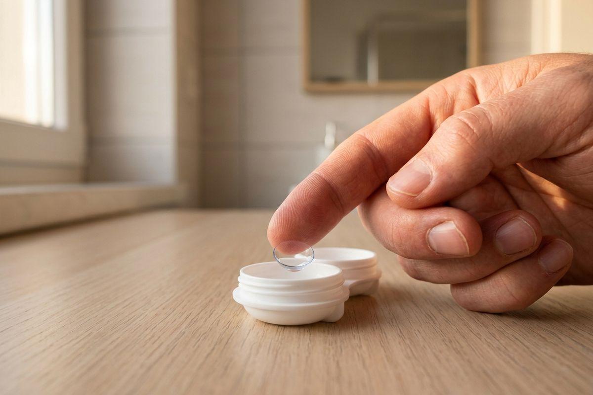 Close-up of a fingertip holding a contact lens above a white contact lens case on a wooden surface.