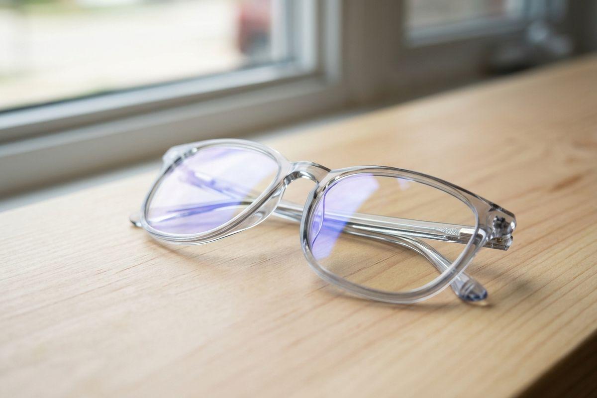 Folded eyeglasses with clear frames and lenses reflecting blue-violet light, resting on a light wooden surface beside a window.