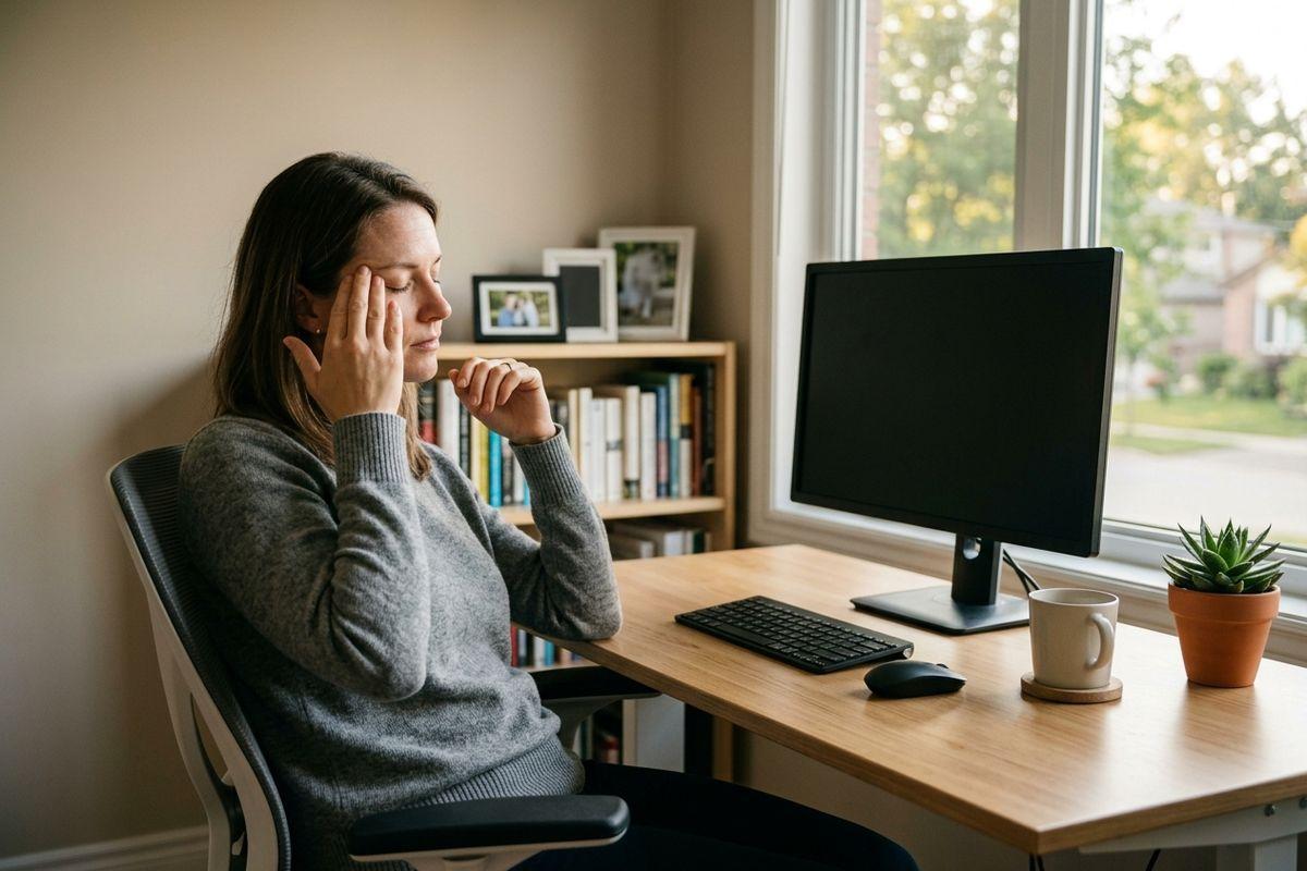 Person sitting at a home desk with eyes closed, touching their temple, beside a monitor, keyboard, mug and plant near a window.
